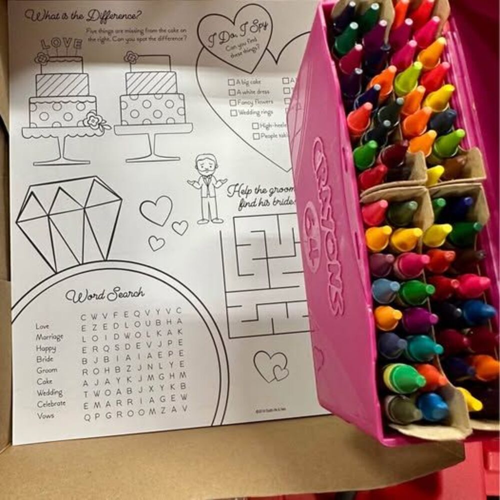 Wedding Themed Kids Coloring Sheets & Box of 64 Crayola Crayons Case 40 count